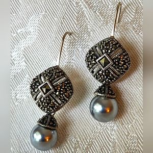 VINTAGE SIGNED Art Deco Judith Jack 925 Sterling Silver Marcasite Pearl Earrings